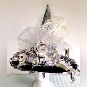 Witch hat Artisan 1 of Victorian design Feathers & fauna Black & Bone white 16"h